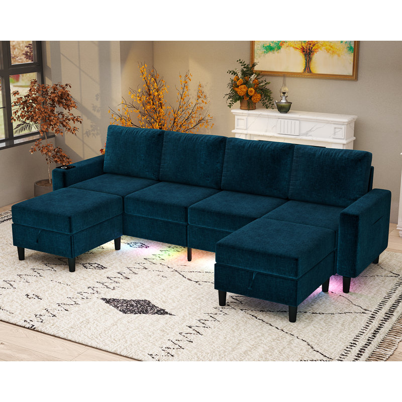 6 Seat Chenille Sectional Sofa With Smart Module-Wireless Charging/Usb/Type-C/Rgb Light, Blue