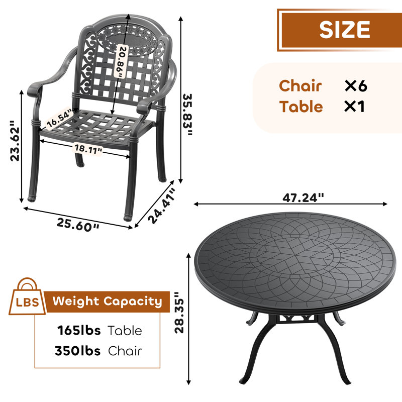 6-People 47.24-inch Round Table Cast Aluminum Outdoor Dining Set  and Blue  Cushions