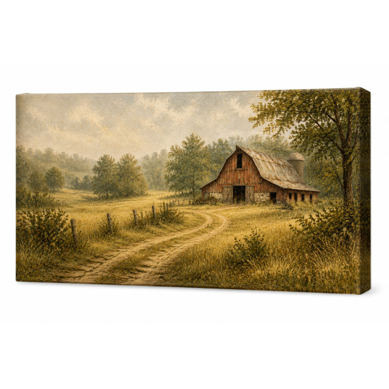 Tableau panoramique sur toile tendue représentant une grange sur une route de campagne sinueuse