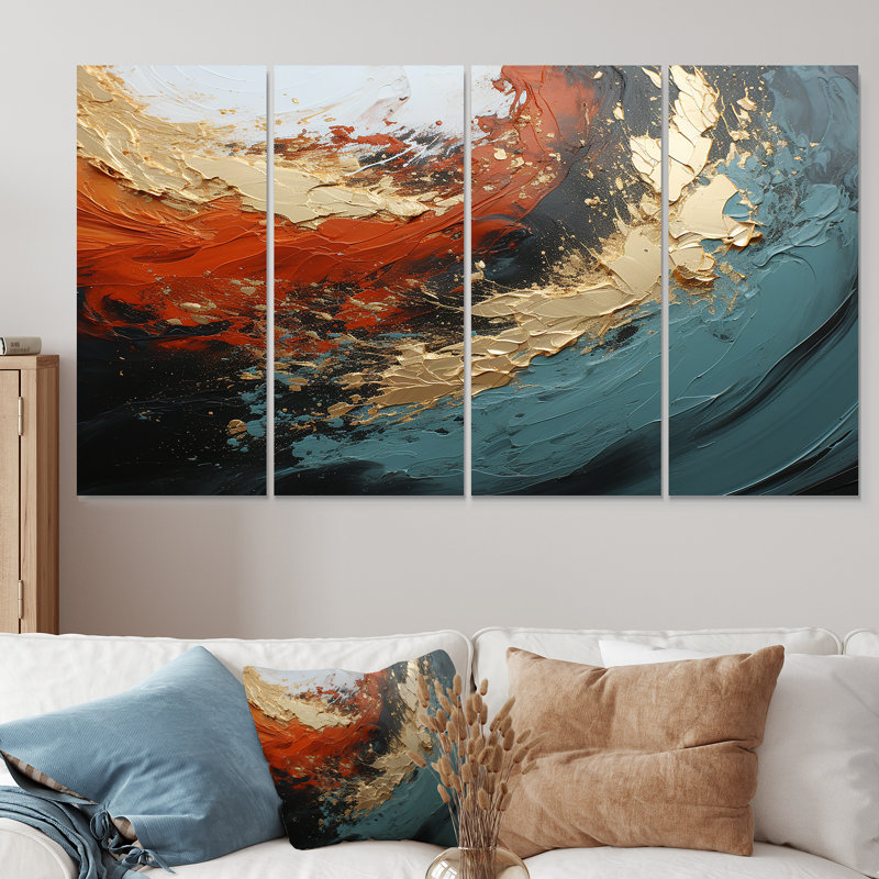 «Orange and Gold Marble Lava I», art abstrait, 4 pièces, H 28 po x l 48 po