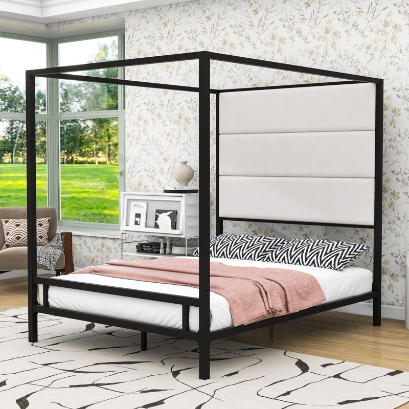  Metal Canopy Bed with Upholstered Headboard, Queen, Black