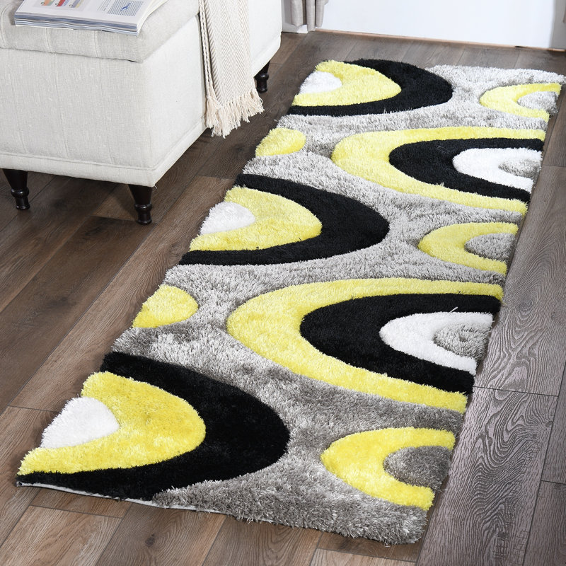 Thionville Geometric Shag Yellow/Black/Gray Area Rug, Runner 2'3" x 7'9"