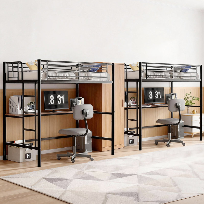 Ensemble de 2 lit mezzanine simple avec bureau, structure de lit superposé en métal robuste avec poste de travail intégré, lit mezzanine peu encombrant