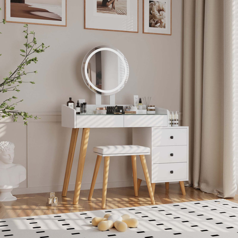 Dressing Table With LED Lights Glass Top Dressing Table With Extendable Side Table 5 Drawers Dressing Table With Mirror And Stool For Bedroom