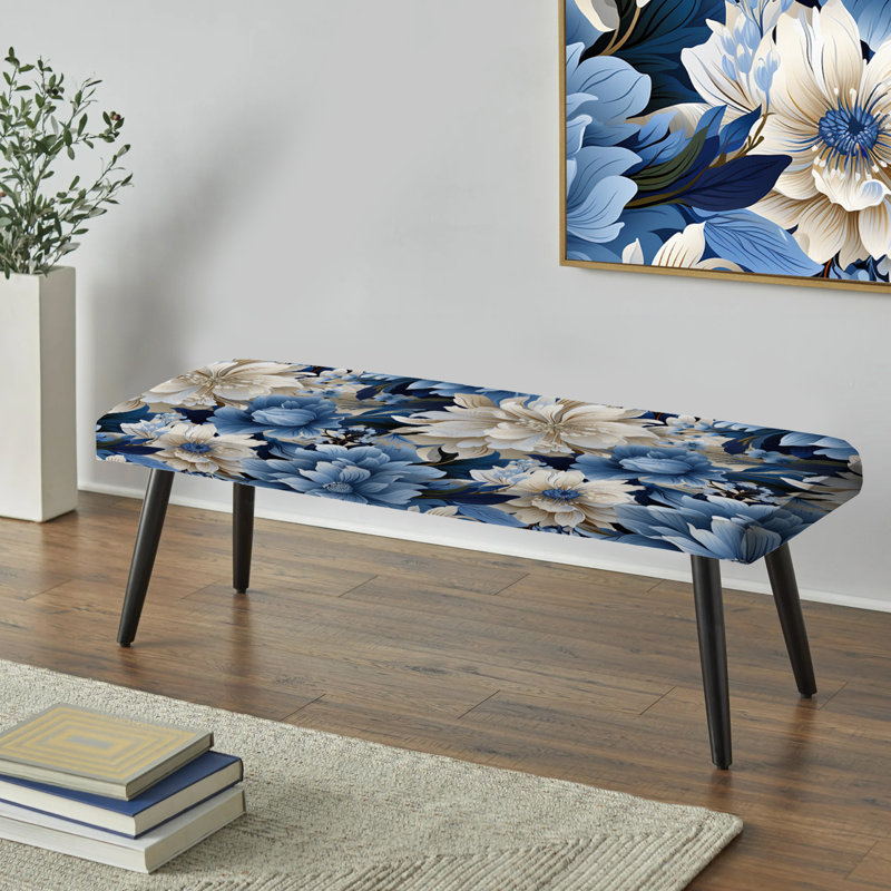 Blue And White Zen Tranquility Floral Pattern - Floral Upholstered Black Bench