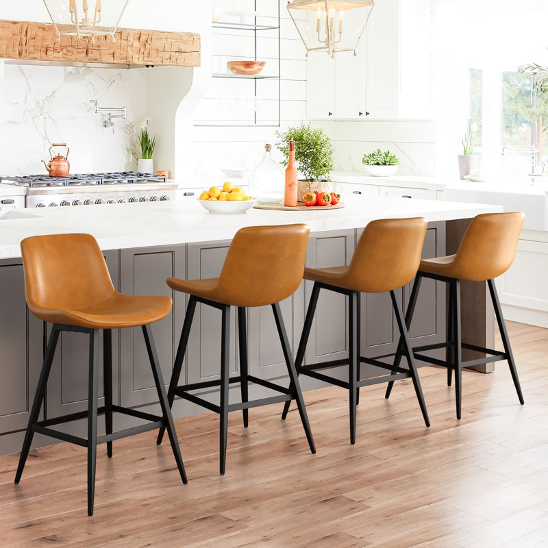 Whiskey Brown Faux Leather Counter Stools with Metal Legs, Set of 4