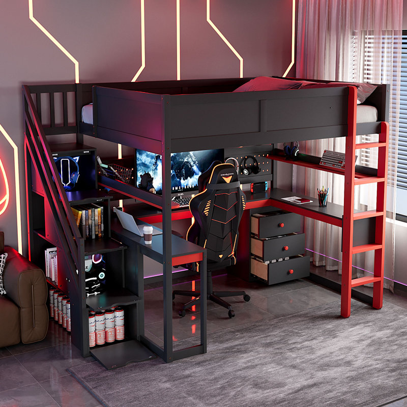 Full Size Wooden Gaming Loft Bed with Desk, Storage Stairs, Shelves & Pegboard, Black & Red – Kids Bedroom Furniture, Full