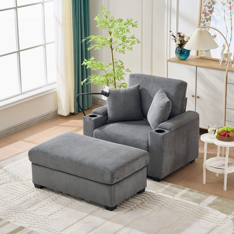 Corduroy Upholstered Oversized Chaise Lounge Chair with Ottoman,with Cup Holder,Mobile Phone Stand&USB Charging Port, Gray