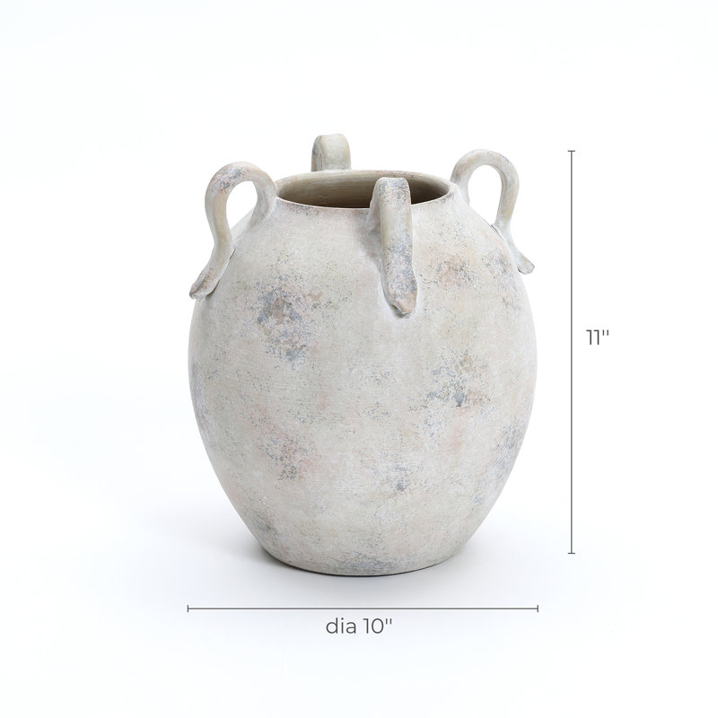 Vintage Mutli-Color Gray and White Terracotta 11-Inch Round Amphora Vase with Handles, White 