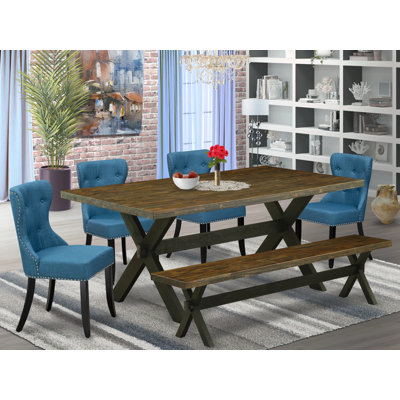 6 Piece Dining Set Contains a Rectangle Dining Room Table with X-Legs and 4 Blue Linen Fabric Parson Chairs with a Bench, Wire brushed Black