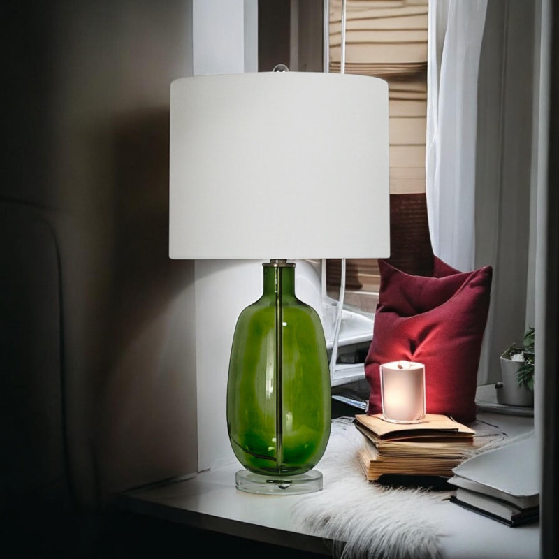 Glass Table Lamp And Shade, Green