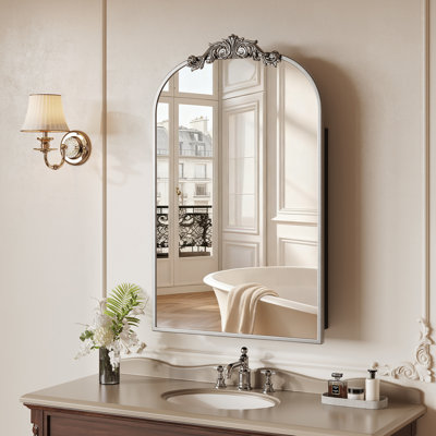 24"x35" Vintage Arched Medicine Cabinet with Mirror, Wall Mounted Bathroom Storage with Recessed/Surface Mount Options, Baroque Retro Design, Black Metal Frame