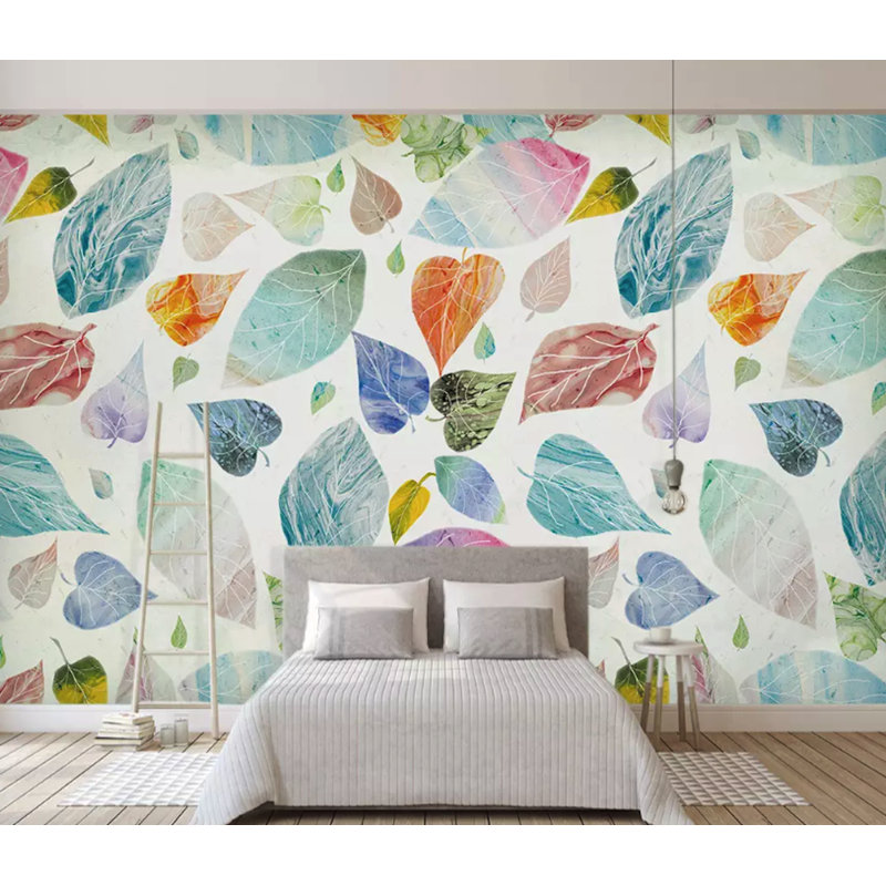 Papier peint amovible aquarelle à motif de feuilles colorées tropicales, L 48,96 po x l 75 po