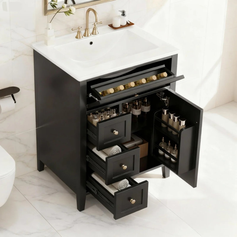 Meuble-lavabo 24 po avec un tiroir rabattable et 3 tiroirs standards (noir), Noir
