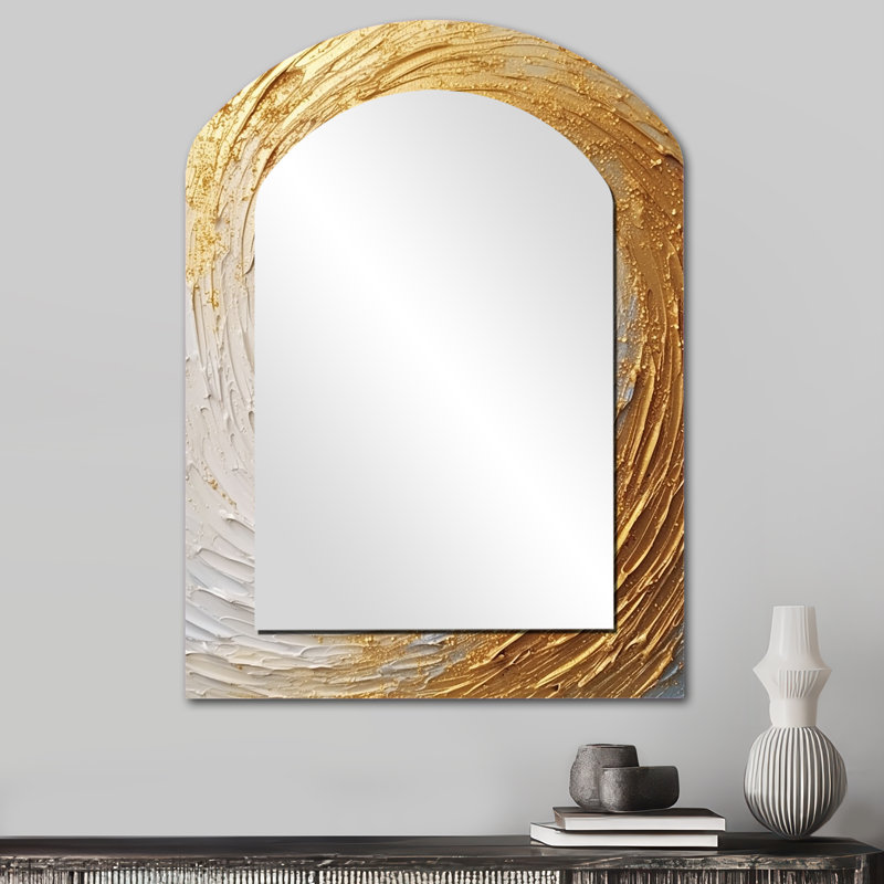 Gold Cream Infinite Swirls IV - Abstract Spirals Asymmetrical Decorative Wall Mirror, Modern Arch Mirror, Printed Metal Art