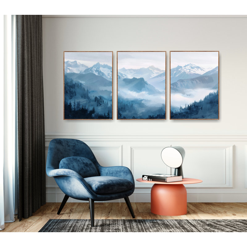 Aquarelle, impression de montagnes bleues, parc national, ensemble de 3 affiches, décor de chalet, Toile tendue