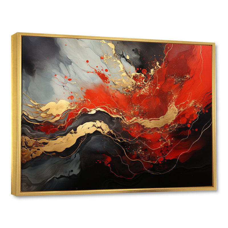 Rouge et feu de marbre doré I - art abstrait sur toile, Cadre flottant doré, H 34 po x l 44 po x P 1,5 po