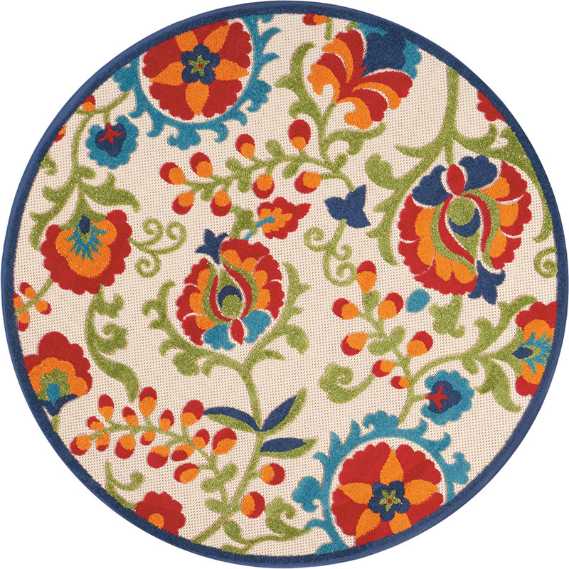 Tapis intérieur/extérieur Bernia floral ivoire/rouge/vert, Rond 5 pi 3 po