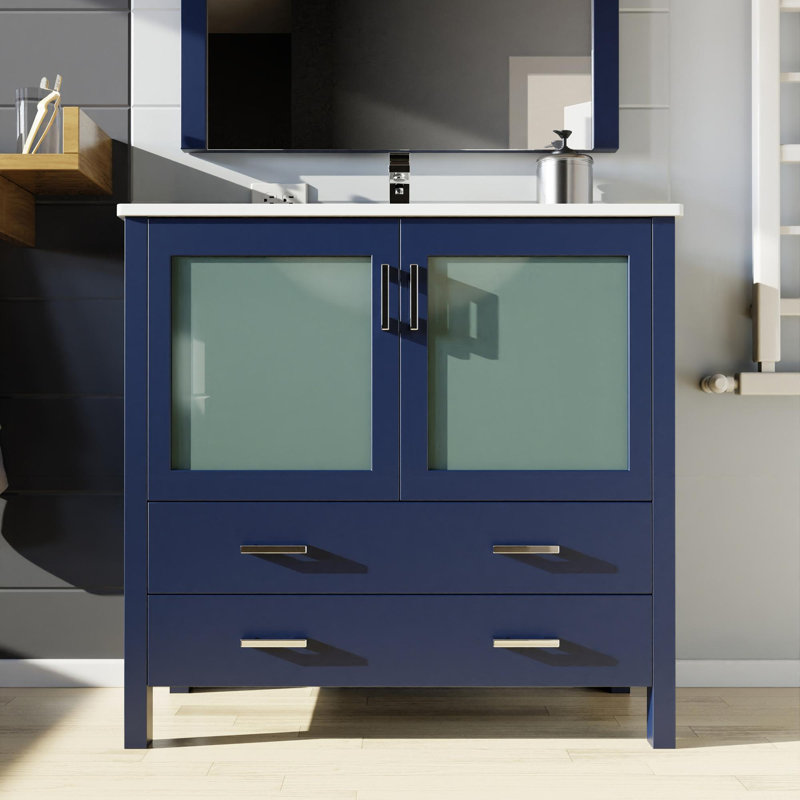 Ensemble de meuble-lavabo avec comptoir en céramique blanche et robinet, Marine