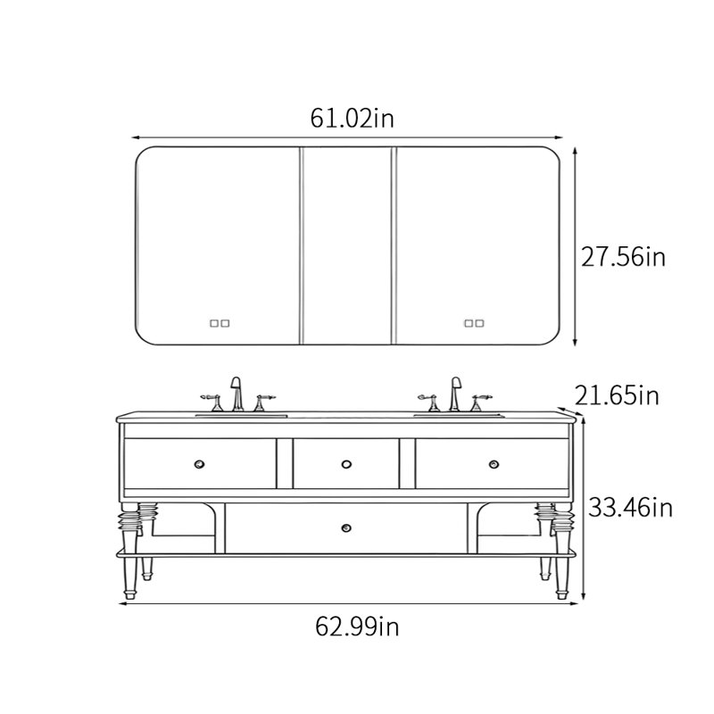 Armoire de salle de bain rétro de style français., H 33,46 po x l 62,99 po x P 21,65 po, Blanc cassé / blanc