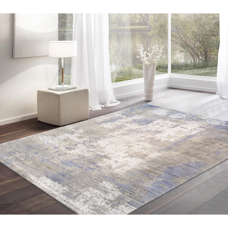 Tapis synthétique tissé à la main Mirage, gris / bleu / ivoire, Rectangle 12" x 15"