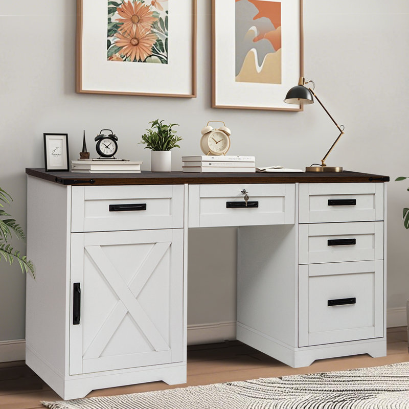 60" Farmhouse Executive Desk with 5 Drawers, Home Office Desk with Storage and Charging Station, Wooden computer Workspace with Lock, Cabinet with adjustable shelf