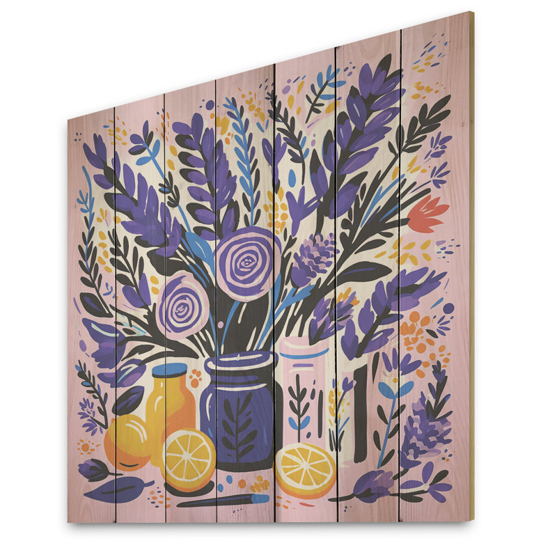 Purple Boho Pottery Blooms III - Boho Pottery On Wood Print, 25" H x 25" W