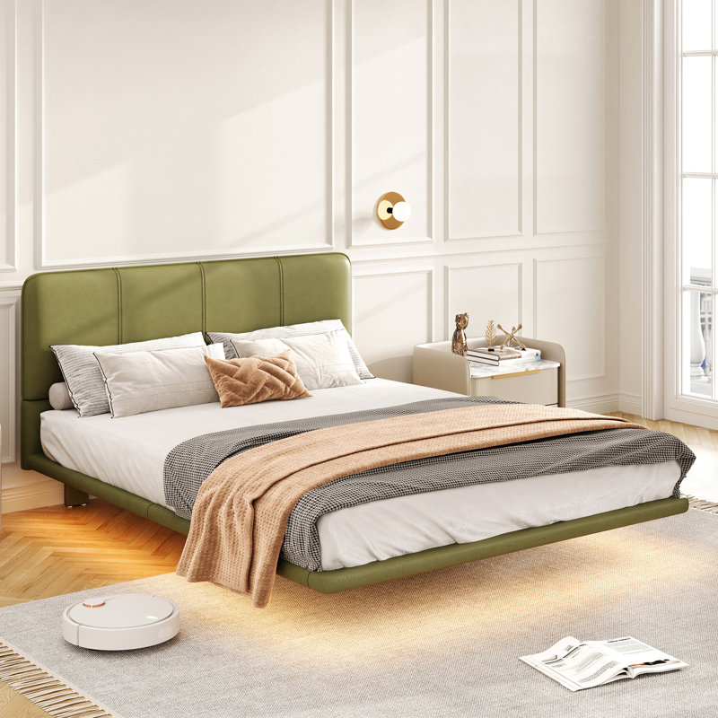 Cadre de lit flottant avec lumière DEL, lit plateforme en cuir PU, aucun sommier requis, assemblage facile, pleine grandeur