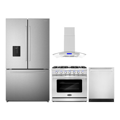 Cosmo 4 Piece Kitchen Appliance Package with French Door Refrigerator , 36 in. Gas Freestanding Range Gas Cooktop , Wall Oven , Built-In Dishwasher , and Microwave , and Island Range Hood , and Wine Refrigerator , and Air Fryer