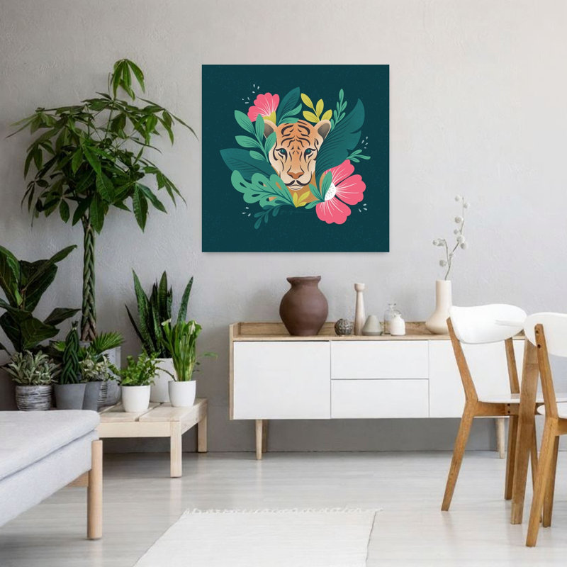 Lush Life IV, chat abstrait, tigre, plante, art, H 36 po x l 36 po
