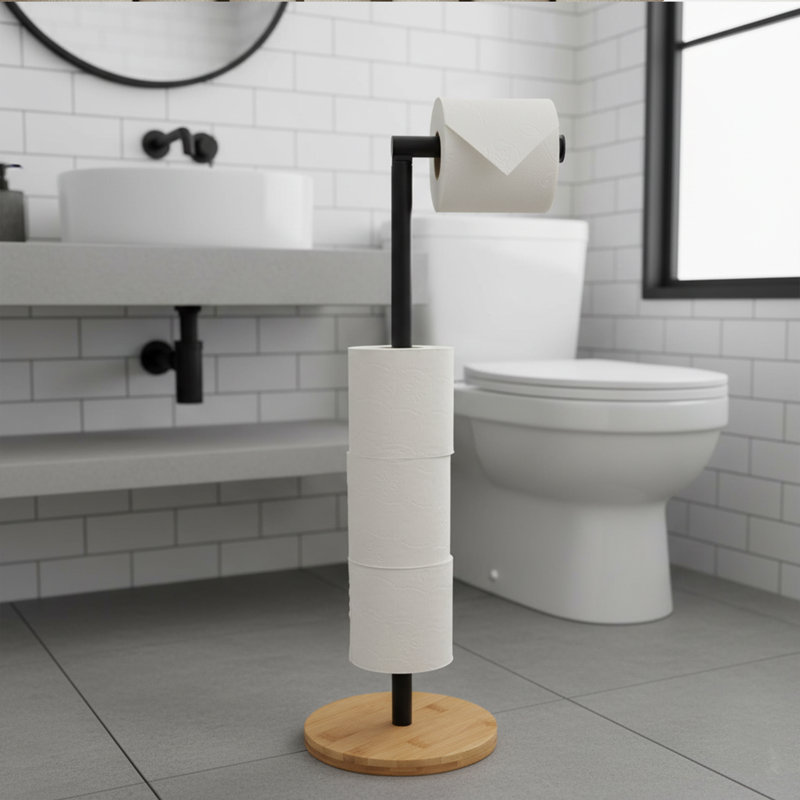 Freestanding Toilet Paper Holder Stand with Bamboo Base, Black