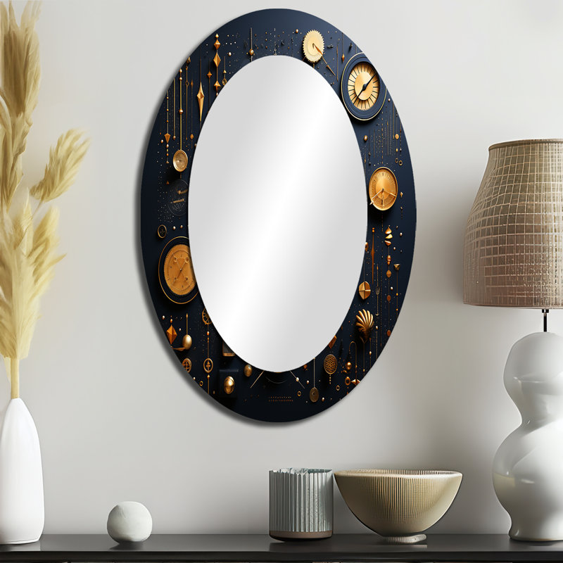 Boussole antique géométrique en or et bleu III - Miroir décoratif abstrait ovale sur métal, 36 po x 24 po