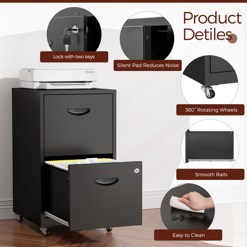 2 Drawer Mobile File Cabinet with Lock, Metal Filing Cabinets with Wheels, Vertical Rolling File Cabinet Fit Hanging Files, Letter and A4 Documents