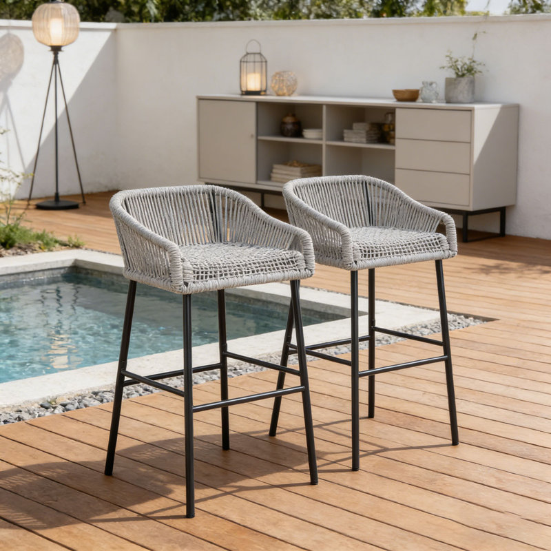 Outdoor Patio Rope Bar Stool, Light Gray