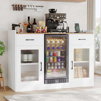 Meuble-bar à vin avec mini-frigo et porte-verres, coin café avec prise électrique et tiroir de rangement pour salon
