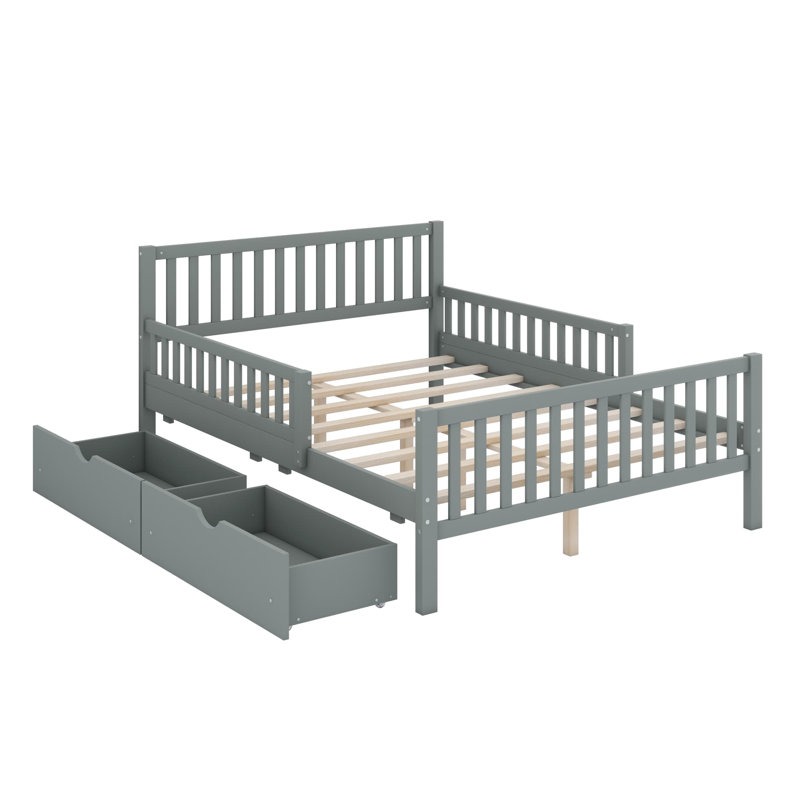 Lit plateforme fonctionnel avec garde-corps latéraux et tiroirs de rangement pratiques, Gris