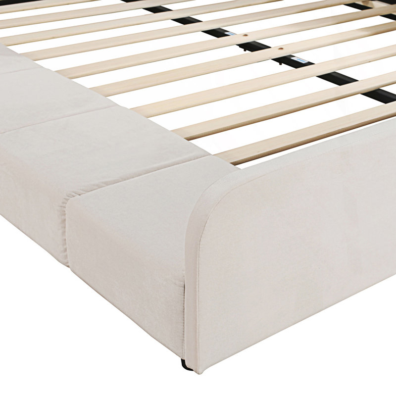 Lit tapissier au sol avec bureau de chevet et petit tabouret rond, Beige, Grand lit