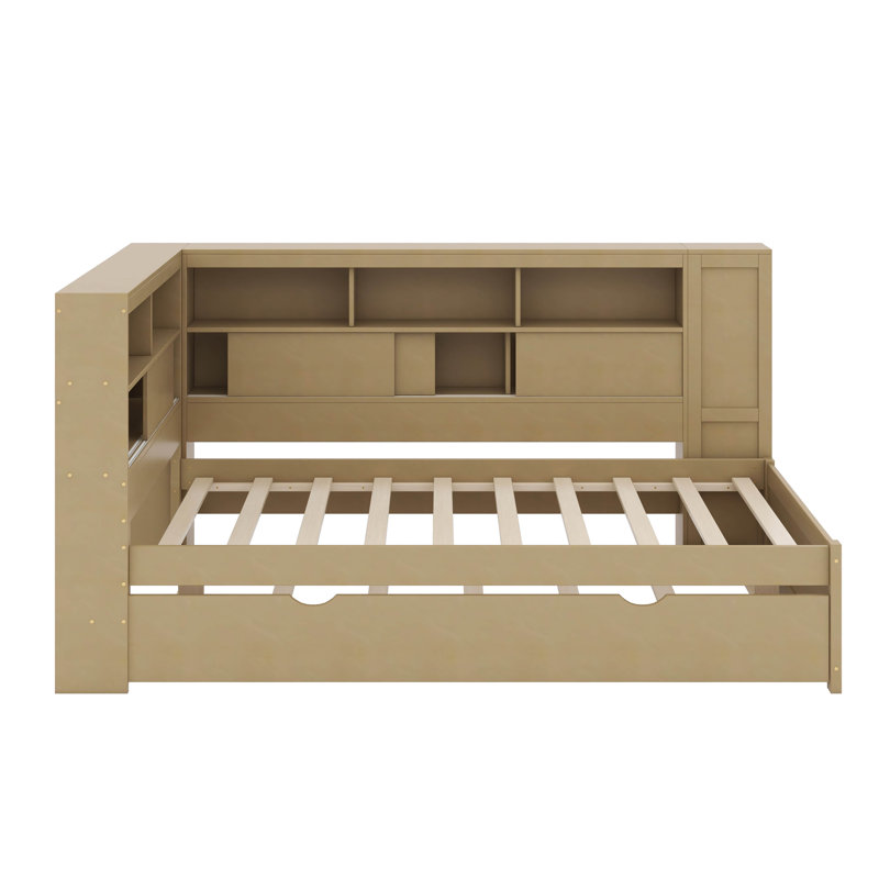 Twin Wood Daybed With Shelves And Trundle, Natural