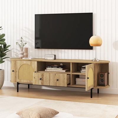 Meuble télé de style américain U-Can avec portes arquées en rotin, tiroirs, rangement dissimulé, pieds en acier, coins arrondis