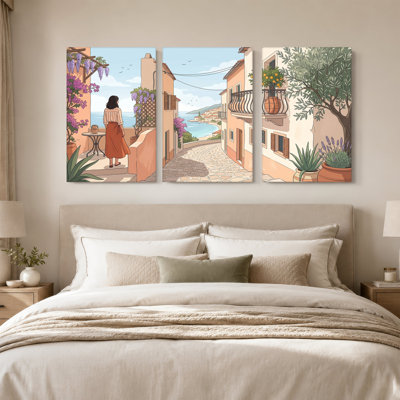 «Coastal Village Cobblestone Street» par Wisteria et arbre orange, ensemble de 3 toiles