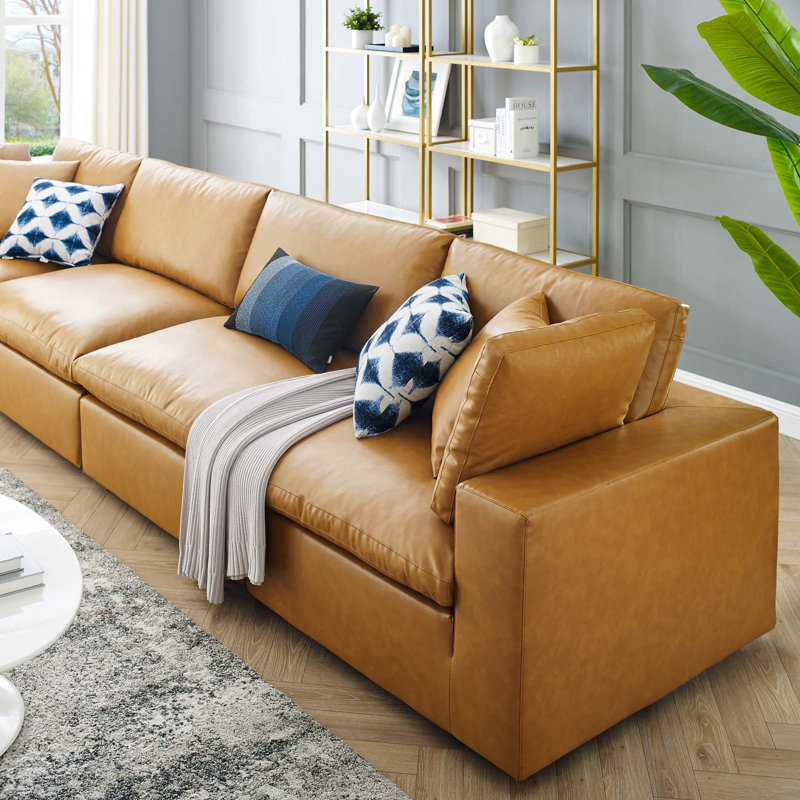 Tan Faux Leather Four Piece Sofa with Down Fill Cushions