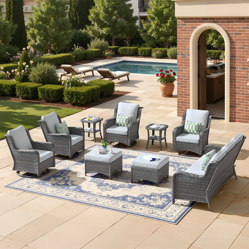 NTC 9-Piece Patio Conversation Set, Wicker Outdoor Furniture Sofa Set with Swivel Rocker Chairs, Ottomans &Optional Fire Pit Table, Patio Seating Group with Cushions