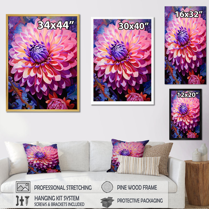 «Violet Dahlia Bloom On Sunrise III», reproduction sur toile, Cadre naturel flottant, H 32 po x l 16 po x P 1 po