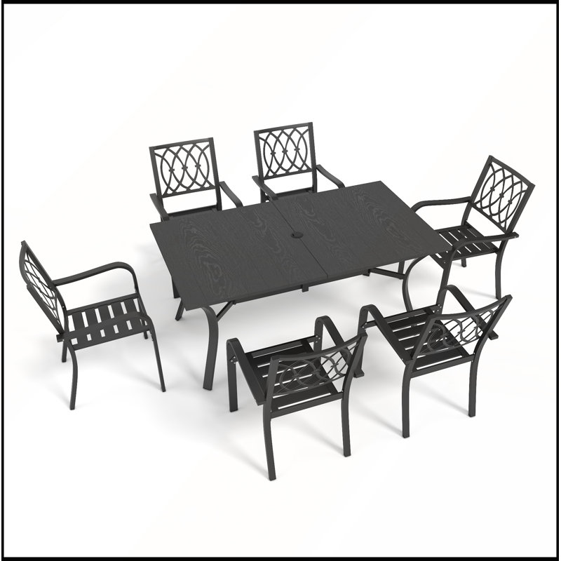Ensemble de salle à manger d'extérieur 7 pièces : table 63 x 38 pouces, aspect bois, trou pour parasol, 6 chaises, capacité de charge : 159 kg