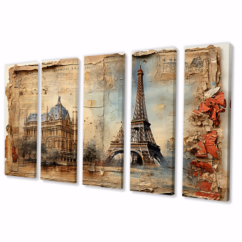 «Paris Nostalgia Vintage Collage - City Paris, reproduction sur toile - 5 panneaux égaux