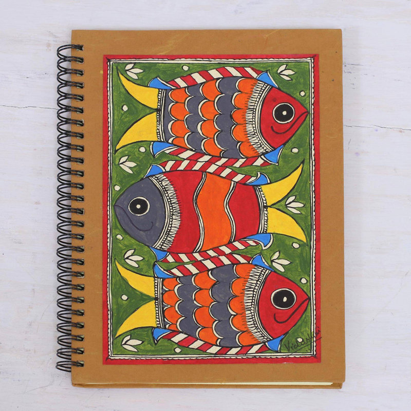 NOVICA Joyful Fishes And Madhubani Journal