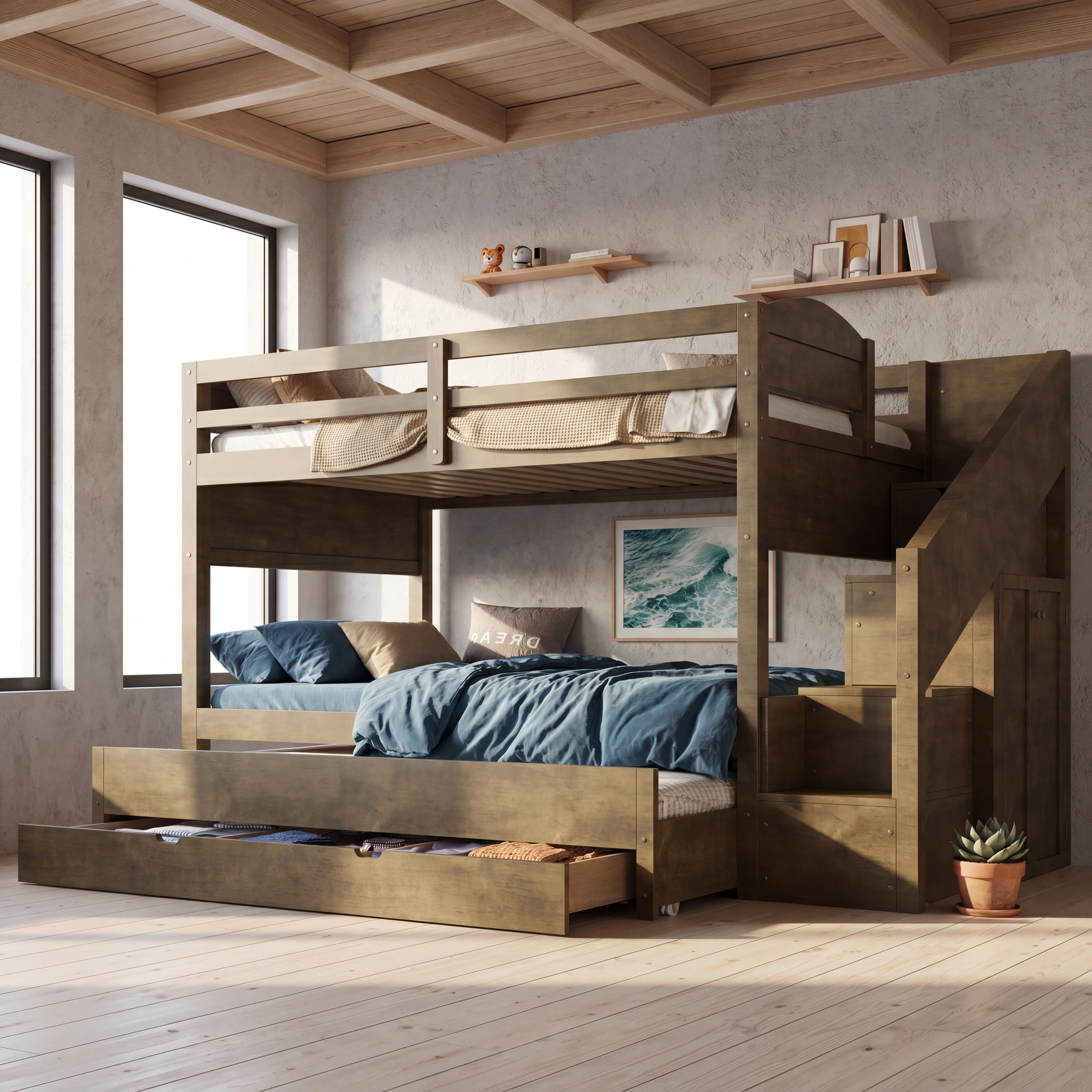 Latitude Run® Twin XL Bunk Bed with Trundle and and Three Storage ...
