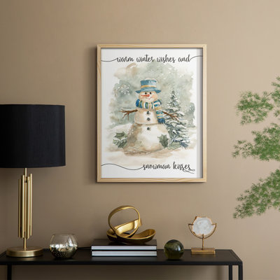 «Snowman Kisses», reproduction encadrée - bois massif