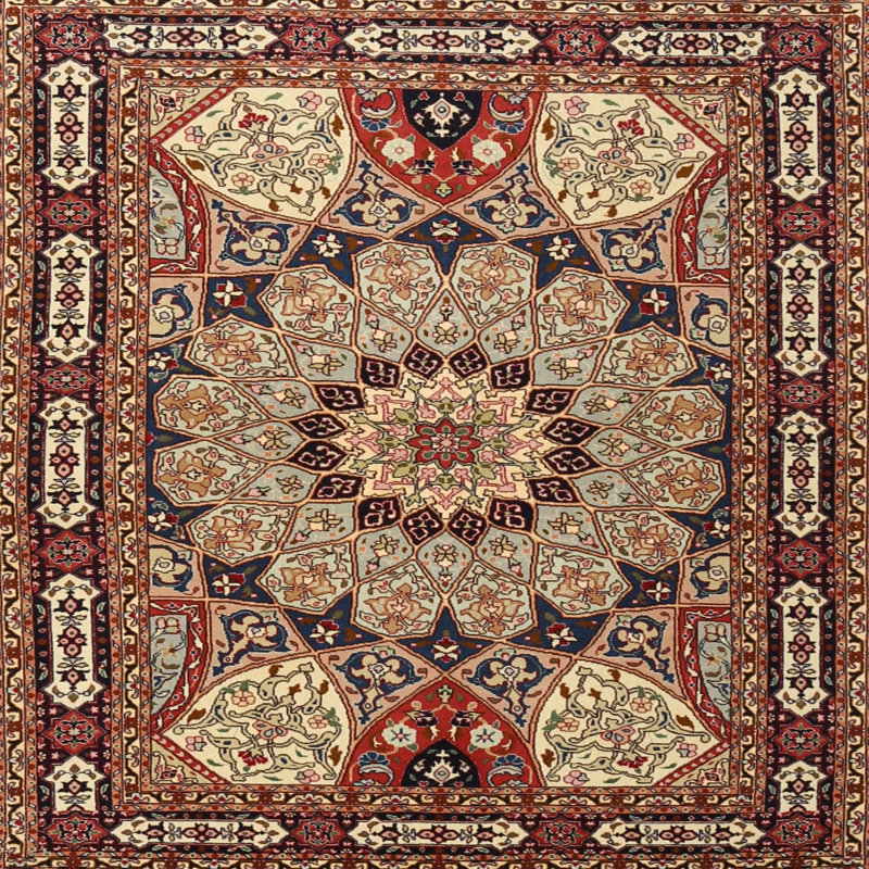Tapis traditionnel rouge / bleu / ivoire Cottondale, Rond 5 pi