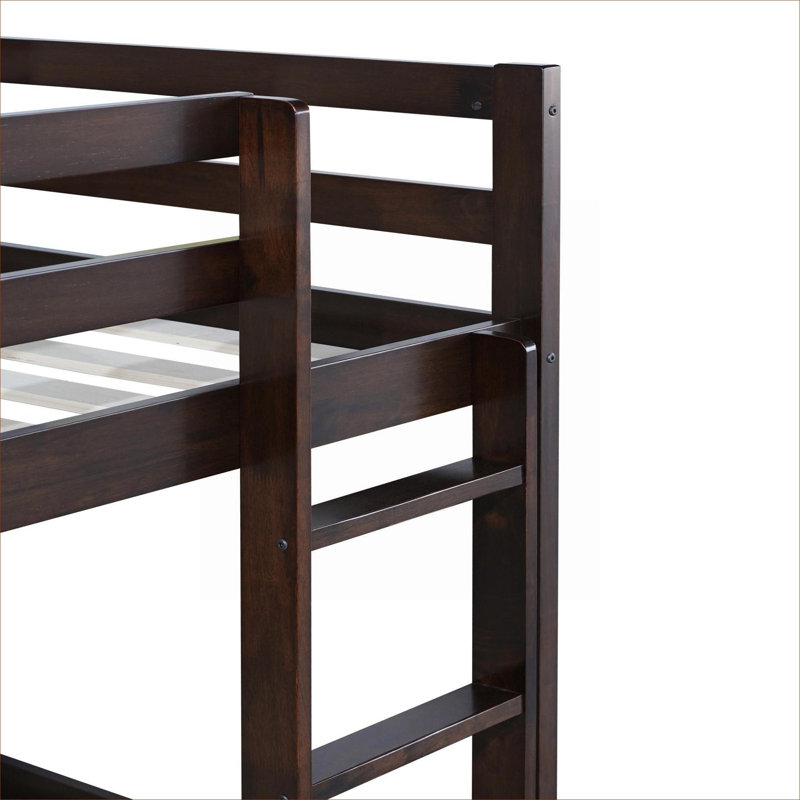Lit superposé simple au-dessus d'un lit simple avec échelle, plateforme à lattes renforcées, bois d'hévéa massif brun, Brun